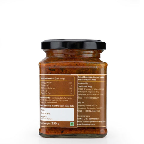 The Flavor Bag Amtekai Pickle in a glass jar, featuring traditional South Indian ingredients and small-batch preparation.