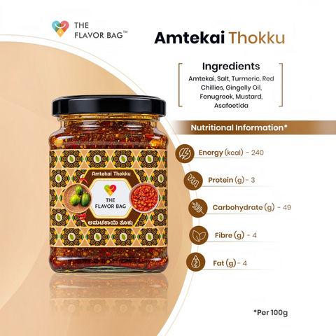 The Flavor Bag Amtekai Thokku chutney in a glass jar with traditional label, ingredients, and nutritional facts.