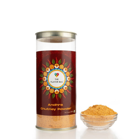 The Flavor Bag Andhra Chutney Powder, a flavourful blend of roasted lentils and spices in a tall cylindrical container.