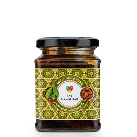 The Flavor Bag Bitter Gourd Pickle in a glass jar, featuring authentic South Indian recipe.