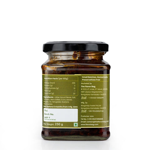 The Flavor Bag Bitter Gourd Pickle in a glass jar, made with authentic South Indian recipe and traditional ingredients.