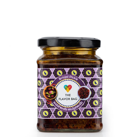 The Flavor Bag Brinjal Pickle, a traditional South Indian condiment with a rich, thick texture, perfect for rice, dosa, idli, and chapati.