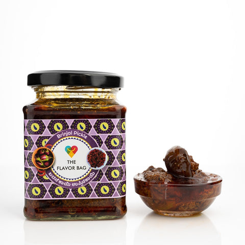 The Flavor Bag Brinjal Pickle is a thick, flavourful South Indian chutney in a glass jar, perfect for rice, dosa, idli, and chapati.