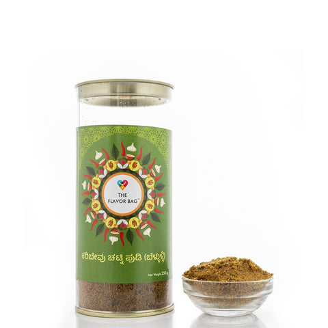 The Flavor Bag Curry Leaf Chutney Powder, a blend of roasted lentils and spices in a green canister.