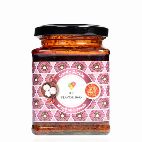 The Flavor Bag Garlic Chutney in a glass jar with a pink patterned label featuring garlic and chili illustrations.