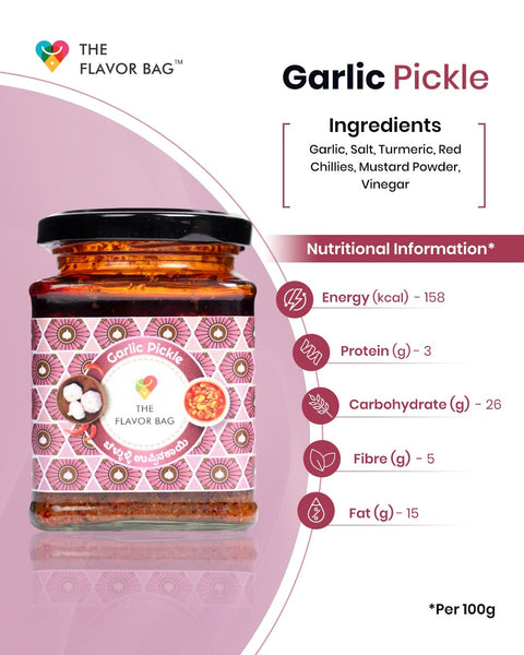 The Flavor Bag Garlic Chutney in a glass jar with a pink patterned label, featuring ingredients and nutrition facts.