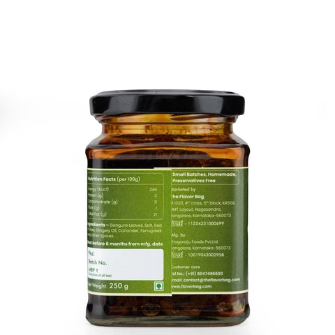 The Flavor Bag Gongura Chutney in a glass jar, a thick, flavourful South Indian condiment made with gongura leaves, salt, red chilies, gingelly oil, coriander, and fenugreek.