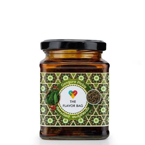 The Flavor Bag Gongura Pickle in a glass jar, a traditional South Indian chutney made with gongura leaves and chilies.