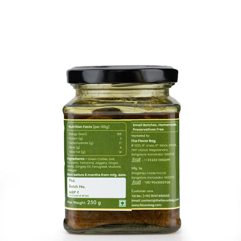 The Flavor Bag Green Chilli Pickle in a glass jar, 250g. Authentic South Indian recipe, small-batch, preservative-free.