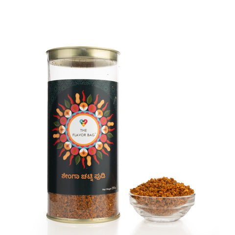 The Flavor Bag Groundnut Chutney Powder, a South Indian blend of roasted lentils and spices in a clear jar with a decorative label.