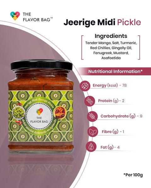 The Flavor Bag Jeerige Midi Pickle in a glass jar with a decorative label showing ingredients and nutrition facts.