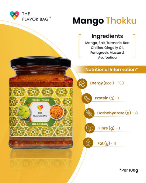 The Flavor Bag Mango Thokku in a glass jar with a decorative label showing ingredients and nutritional information.