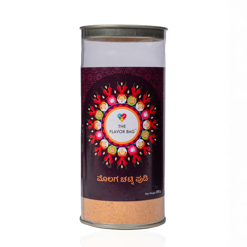 The Flavor Bag Molaga Podi spicy lentil and red chilli powder in a clear cylindrical container with decorative label