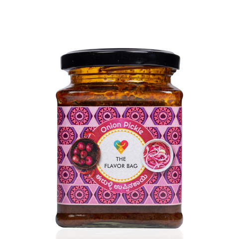 The Flavor Bag Onion Chutney in a glass jar with a decorative pink and purple label featuring onion illustrations.