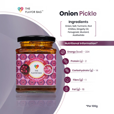 The Flavor Bag Onion Pickle in a glass jar with a decorative label featuring traditional South Indian ingredients.
