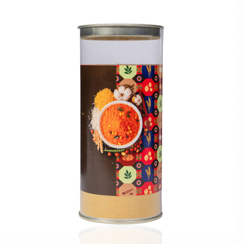 The Flavor Bag Palya Powder seasoning blend in a clear cylindrical container with colourful spice-themed graphics.