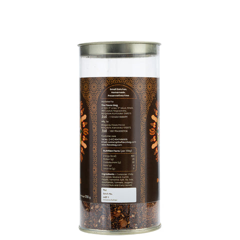 The Flavor Bag Puliyogare Mix, a South Indian chutney powder with lentils and spices in a clear jar.