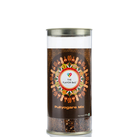 The Flavor Bag Puliyogare Mix, a South Indian chutney powder blend of roasted lentils and spices in a clear container.