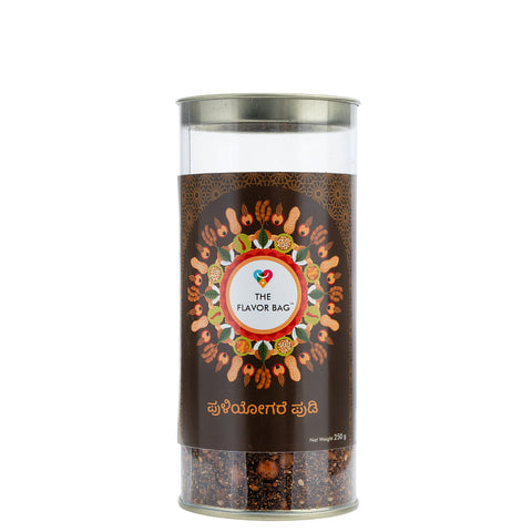 The Flavor Bag Puliyogare Mix, a South Indian chutney powder with lentils and spices in a clear jar.