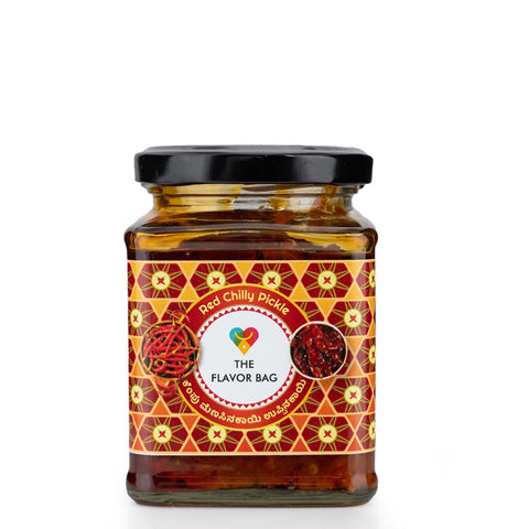 The Flavor Bag Red Chilli Garlic Chutney in a glass jar, a rich South Indian condiment.