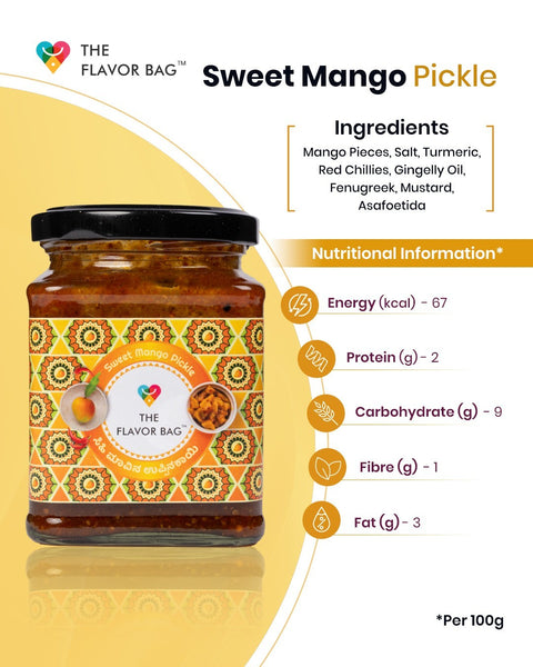 The Flavor Bag Sweet Mango Pickle in a glass jar with a decorative label showing ingredients and nutrition facts.