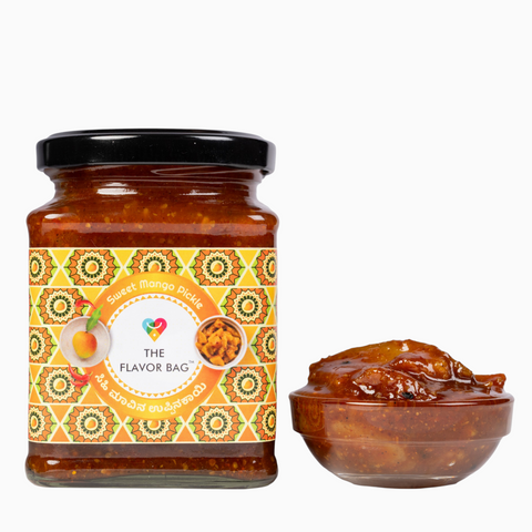 The Flavor Bag sweet mango pickle in a glass jar with a small bowl of the spicy and sweet condiment beside it