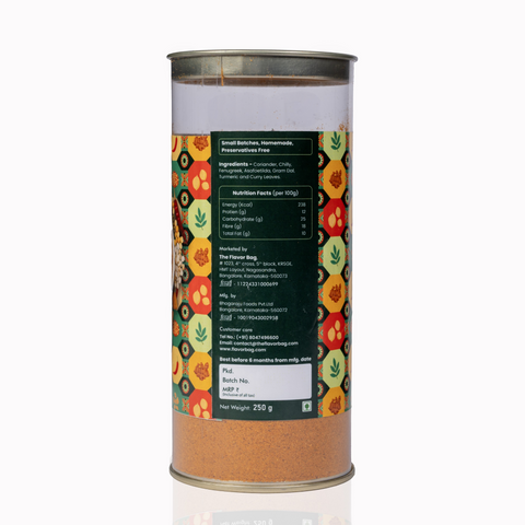 The Flavor Bag TN Style Sambar Powder in a cylindrical container with nutritional information and ingredient list