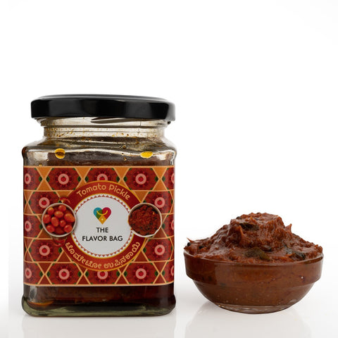 The Flavor Bag Tomato Chutney, a thick, rich South Indian pickle in a glass jar with a decorative label.