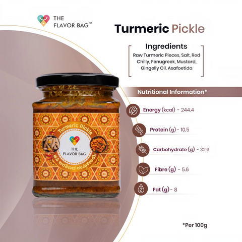 The Flavor Bag Turmeric Pickle in a glass jar with a label featuring traditional patterns and ingredient details.