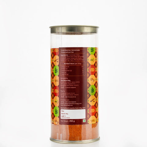 The Flavor Bag Bisibele Bath Powder spice blend in a clear container, 250g. Features roasted spices for authentic South Indian flavour.