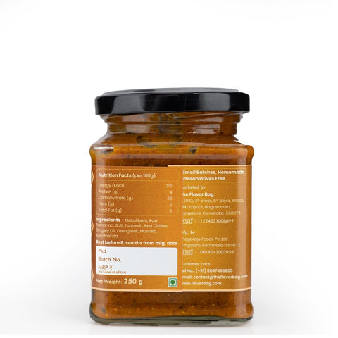 The Flavor Bag Makali Beru Pickle in a glass jar, a traditional South Indian condiment with a bold, balanced flavour.