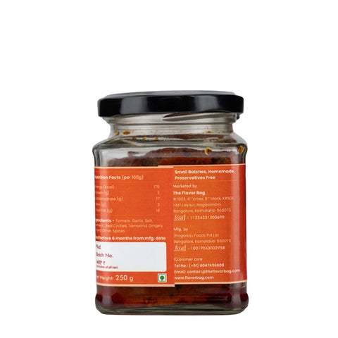 The Flavor Bag Tomato Chutney in a glass jar, a thick, rich South Indian condiment with visible spices.